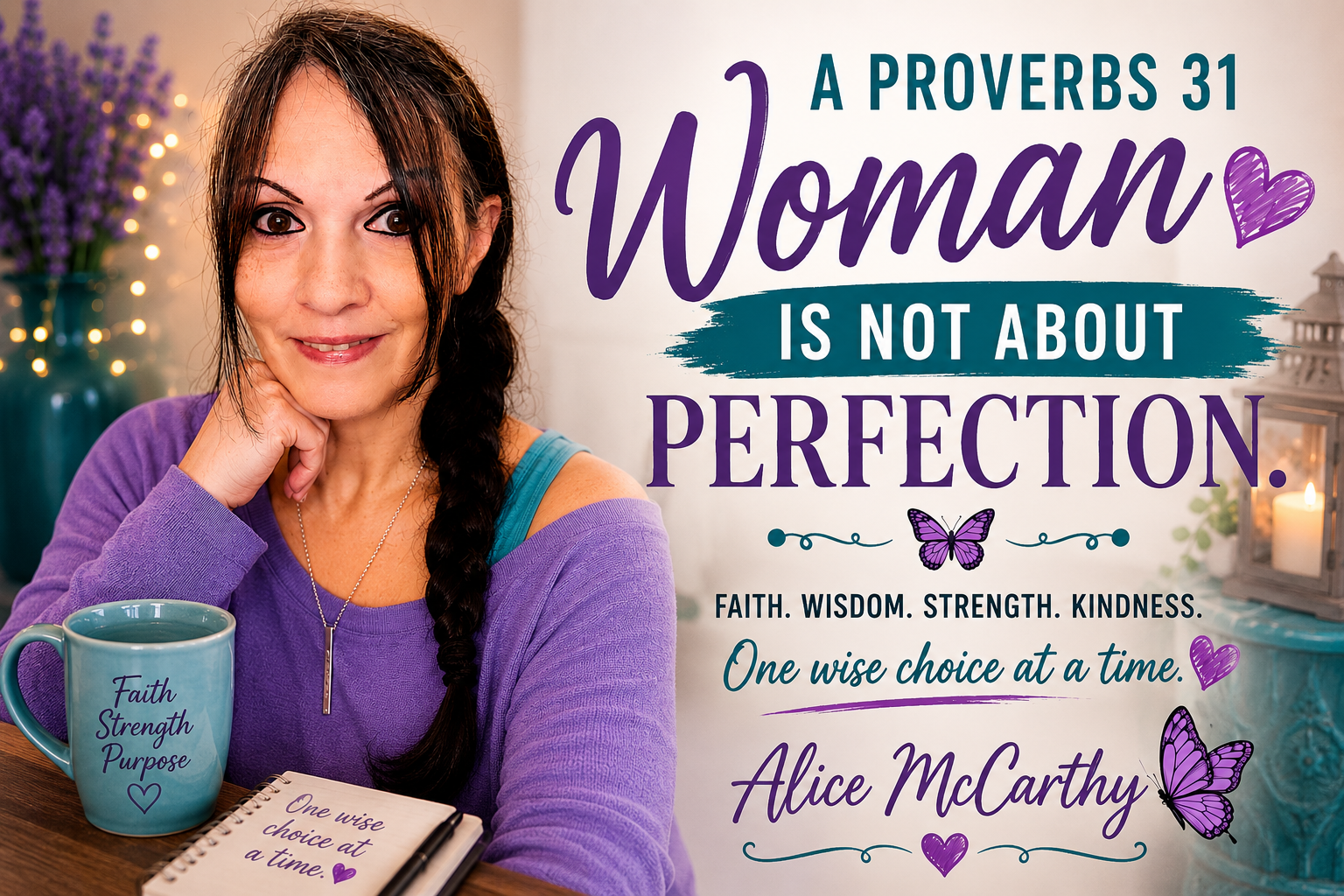Woman over 50 in purple and teal with an encouraging Proverbs 31 message about strength, dignity, faith, and growth.