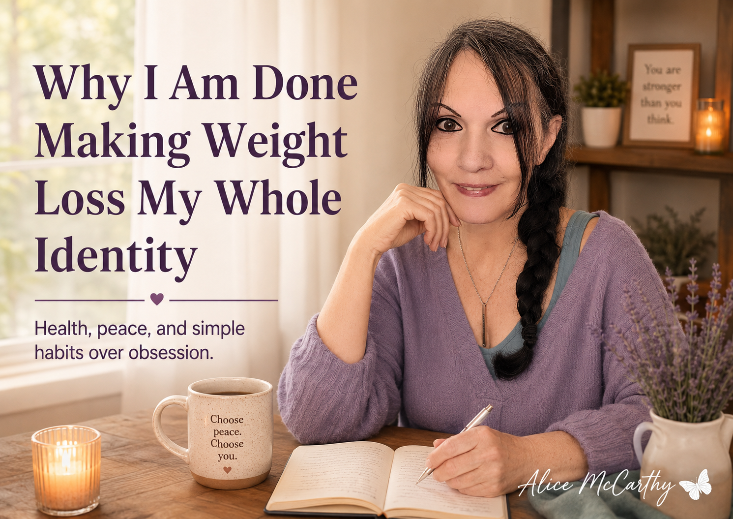 Woman over 50 sitting peacefully with coffee and a journal, reflecting on health, weight loss, body confidence, and simple wellness habits.