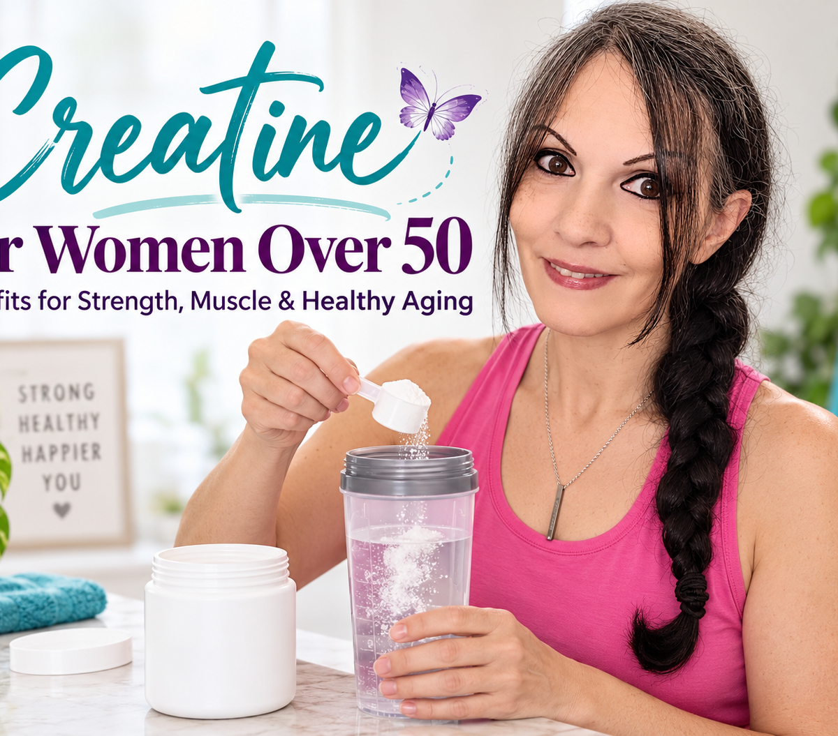 Alice McCarthy holding creatine and water for a blog post about creatine for women over 50