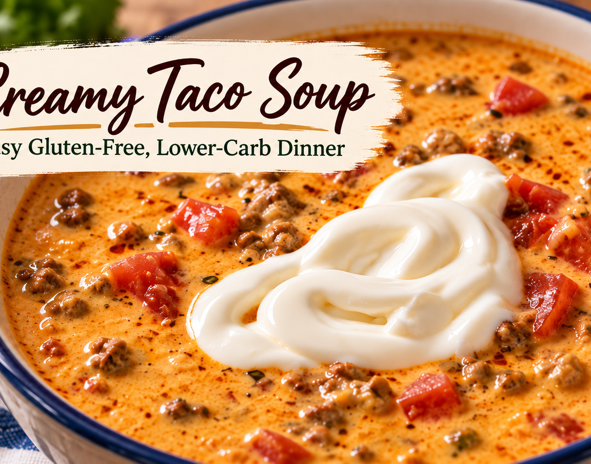 Creamy taco soup with ground meat, diced tomatoes, and sour cream in a bowl, an easy gluten-free, lower-carb dinner.
